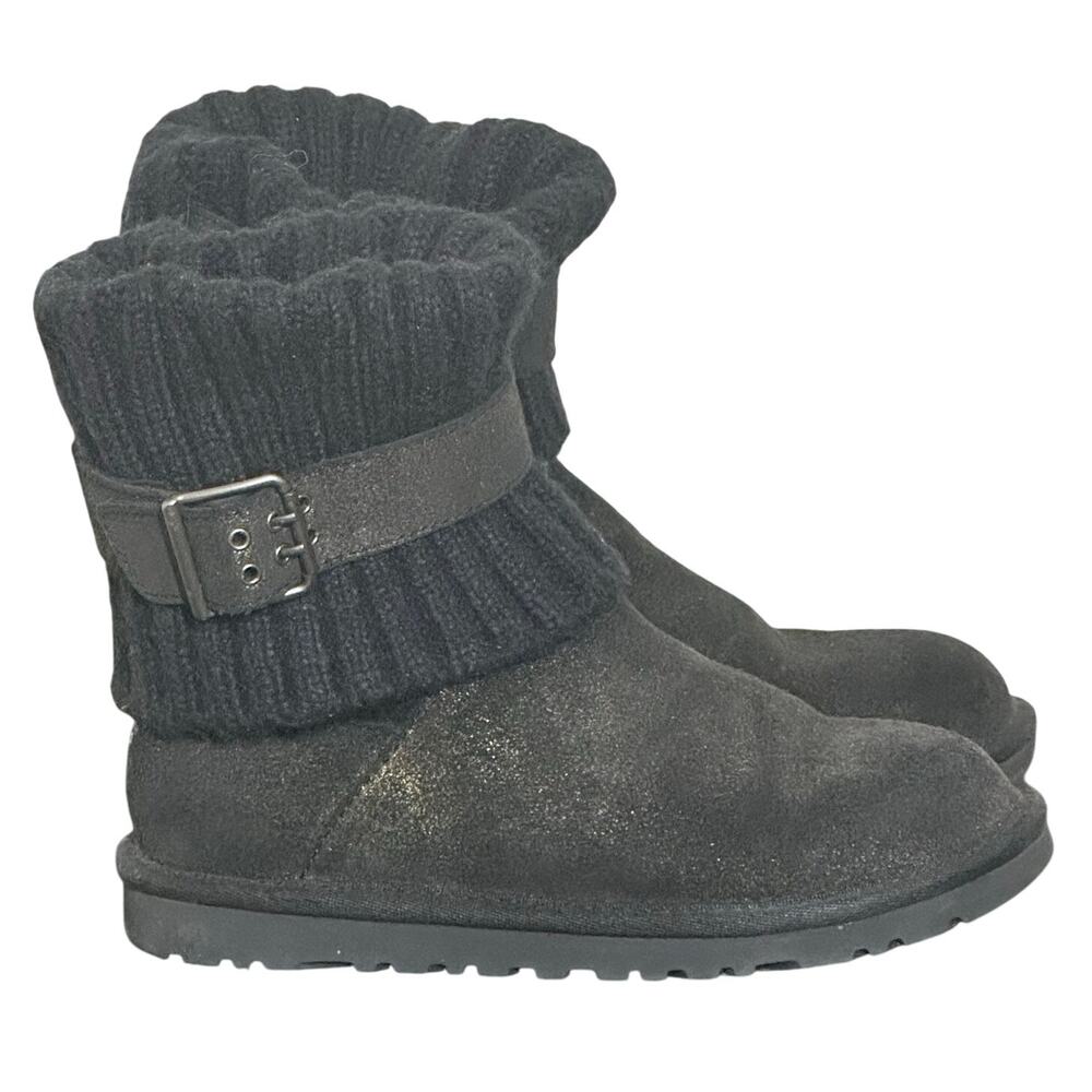 Ugg Cambridge Black & Gold Metallic Suede Cuffed Ankle Buckle Boots Sz 5